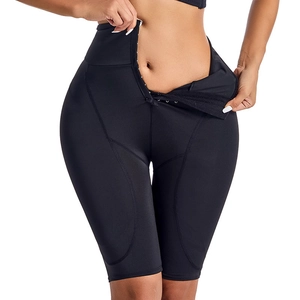 High waist black tummy control shaper with front hook-and-eye closure for butt lifting