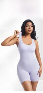 Detail of light purple ribbed seamless bodysuit with high waist tummy control design