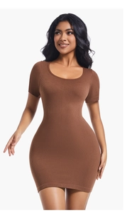 Close-up of brown ribbed knit short sleeve bodycon dress with vertical textured fabric