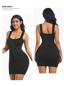 Detailed back and front views of seamless ribbed black mini dress with square neckline