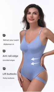 Detailed view of seamless compression bodysuit with waist control and adjustable crotch buckle