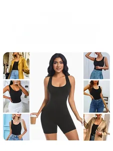 Detail view of black sleeveless compression bodysuit for sports and everyday casual wear