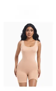 Detail of a seamless one-piece body shaper with adjustable straps in a nude matte finish