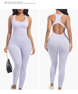 Detail of light purple seamless ribbed jumpsuit featuring a stylish open back design