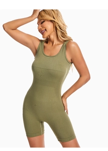 Detail view of olive green athletic bodysuit featuring moisture-wicking ribbed fabric
