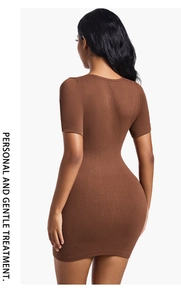 Rear view detail of slim fit brown ribbed knit mini dress with subtle branding text