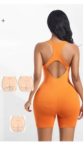 Rear detail of orange backless yoga romper showing scrunch butt lifting texture and fit