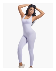 Close-up of lavender sleeveless ribbed jumpsuit with high elastic compression fit
