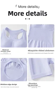 Detailed views of seamless lavender yoga romper with wide straps and ribbed texture