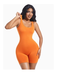 Close-up of bright orange sleeveless bodysuit with tight fit and knit texture