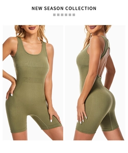 Detail of olive green backless yoga bodysuit in seamless ribbed high-stretch fabric