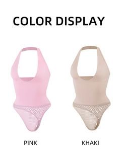 Details des Neckholder-Bodys in Pink und Khaki mit Rippstrick und Mesh-Struktur