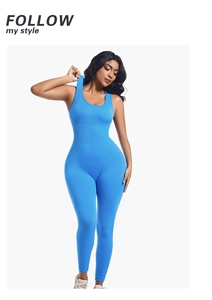 Close-up of seamless ribbed texture and high-stretch fabric on blue bodysuit