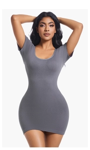 Detail view of the vertical ribbed texture and gray knit fabric on the slim fit mini dress
