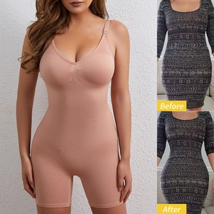 Seamless full body shapewear with adjustable straps showing slimming before and after effect
