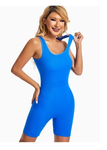 Front view of blue backless yoga romper with high elasticity and tummy control design