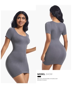 Front and back view of grey ribbed knit slim fit short sleeve dress with Model Show text