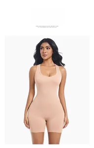 Detail view of the nude sleeveless shapewear bodysuit with elastic matte seamless fabric