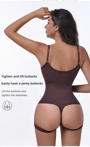 Detail view of brown high-elastic thong bodysuit showing seamless rib texture and butt lift