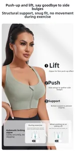 Zoom sur le soutien-gorge de sport vert clair avec zip frontal et maille côtelée