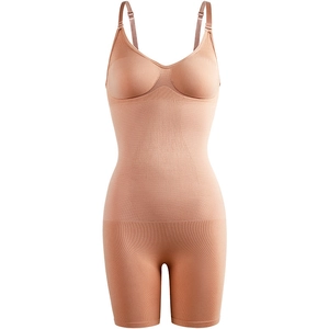 Seamless nude shapewear bodysuit with adjustable straps and compression zones