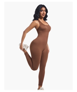 Close-up of brown seamless ribbed yoga jumpsuit featuring high elastic racerback detail