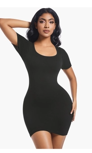 Detail showing the vertical ribbed texture of a black bodycon knit mini dress