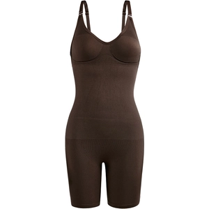 Dark brown one-piece seamless shapewear bodysuit with adjustable straps and tummy control