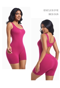 Detail view of rose pink one-piece bodysuit with open back and high elasticity fabric