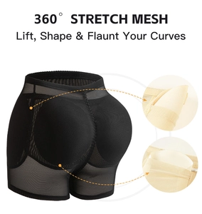 Detail of 360 stretch mesh and padded inserts on black high waist tummy control shorts