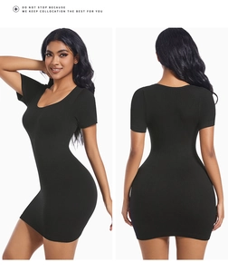 Detail showing front and back view of black ribbed knit slim fit mini yoga dress