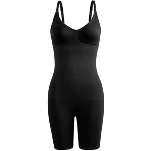 Black seamless bodysuit shapewear with thin straps and tummy control for body sculpting