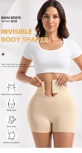 Detail view of high waist shapewear panties featuring front buckle closure for tummy control