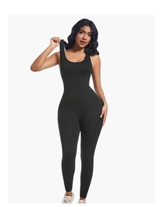 Close-up of seamless ribbed black bodysuit with U-neck design and high elasticity fit