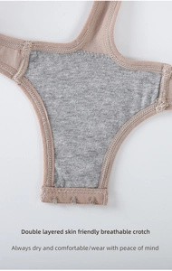 Macro shot of double-layered breathable cotton crotch and triple hook-and-eye closures