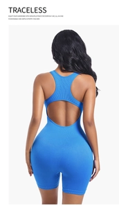 Rear view of vibrant blue ribbed bodysuit showing the seamless open back design and racerback