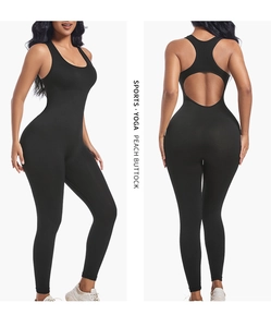 Detail view of ribbed black sleeveless jumpsuit with cut-out back and peach buttock lift