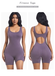 Detailed back view of purple compression yoga bodysuit with cutout and racerback design