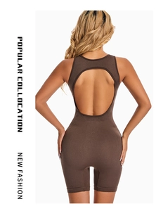 Detailed back view of a ribbed knit backless athletic bodysuit with open back design