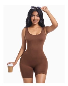 Close-up of seamless brown ribbed fabric on a shaping bodysuit for a textured look