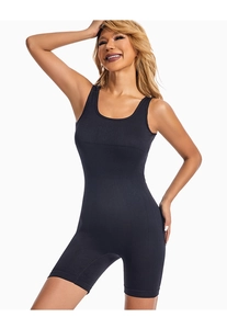 Detail of black seamless compression bodysuit with wide neck and high elastic shaping fabric