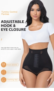 Detail of high waist tummy control panties with adjustable three-row hook and eye closure