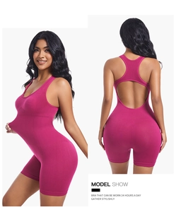 Dual view of rose pink seamless yoga romper featuring a ribbed texture and open back design