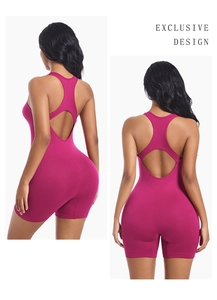 Detail of rose red athletic bodysuit featuring racerback and open back cutout design