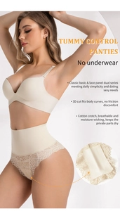 Detailed view of high waist shaping thong with lace trim and breathable cotton crotch