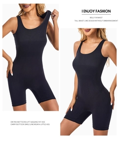 Detail view of black athletic bodysuit featuring belly control and butt lifting properties