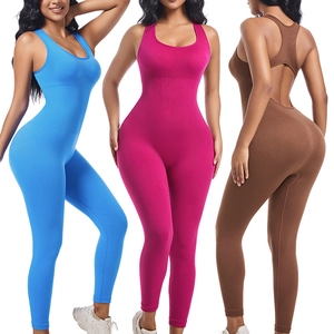 Seamless Ribbed Workout Unitard For Women High Stretch Sleeveless Backless Yoga Jumpsuit Sexy Slim Fit Gym Bodysuit Sportswear