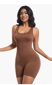 Detail view of seamless ribbed shapewear bodysuit with tummy control in dark brown