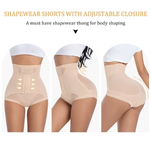 Detail of adjustable front hook-and-eye closure on high waist tummy control shapewear