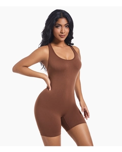 Close-up of brown sleeveless one-piece bodysuit featuring U-neck and ribbed texture